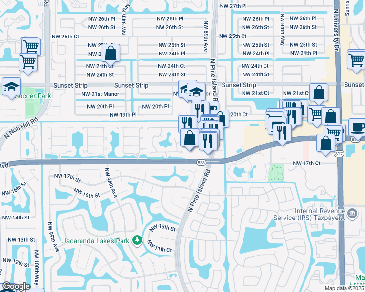 map of restaurants, bars, coffee shops, grocery stores, and more near 8947 West Sunrise Boulevard in Plantation