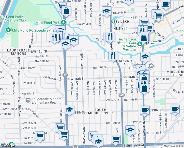 map of restaurants, bars, coffee shops, grocery stores, and more near 1617 Northwest 5th Avenue in Fort Lauderdale