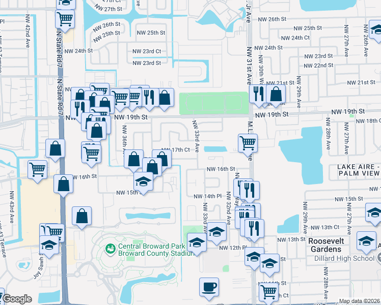 map of restaurants, bars, coffee shops, grocery stores, and more near 3300 Northwest 17th Court in Fort Lauderdale