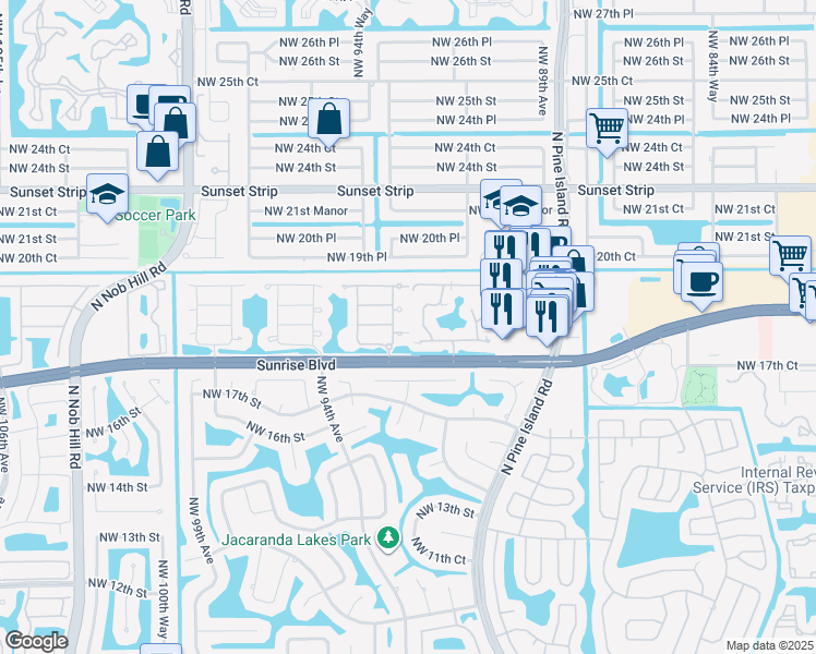 map of restaurants, bars, coffee shops, grocery stores, and more near 1838 Northwest 93rd Terrace in Plantation