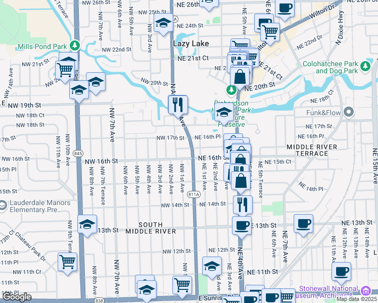 map of restaurants, bars, coffee shops, grocery stores, and more near 34 Northeast 16th Court in Fort Lauderdale