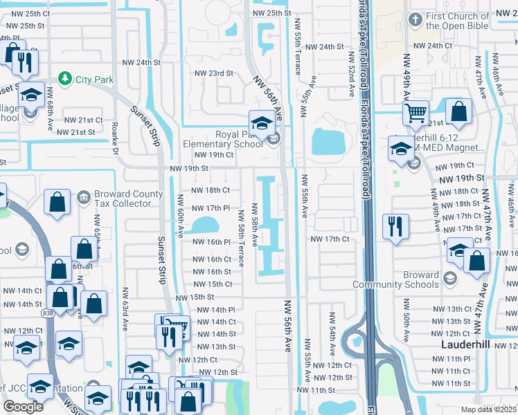 map of restaurants, bars, coffee shops, grocery stores, and more near 1800 Northwest 58th Avenue in Lauderhill
