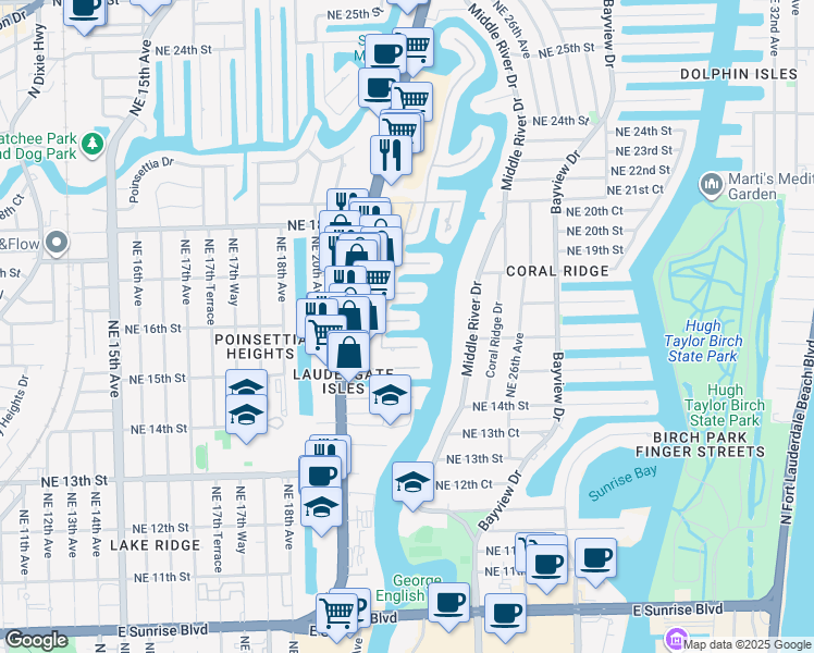 map of restaurants, bars, coffee shops, grocery stores, and more near 2206 Northeast 16th Street in Fort Lauderdale