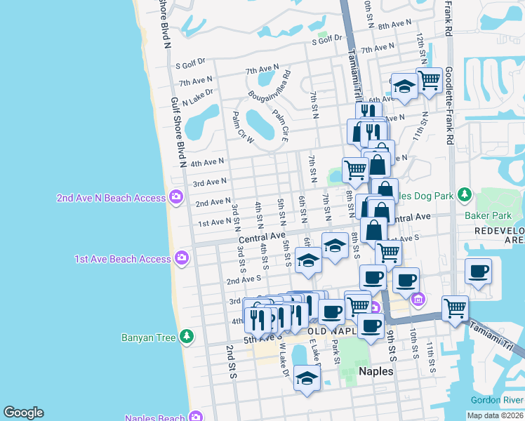 map of restaurants, bars, coffee shops, grocery stores, and more near 409 1st Avenue North in Naples