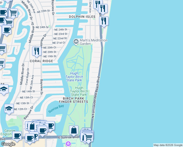 map of restaurants, bars, coffee shops, grocery stores, and more near 3300 Northeast 16th Street in Fort Lauderdale