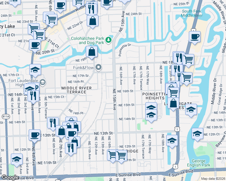 map of restaurants, bars, coffee shops, grocery stores, and more near 1532 Northeast 14th Terrace in Fort Lauderdale