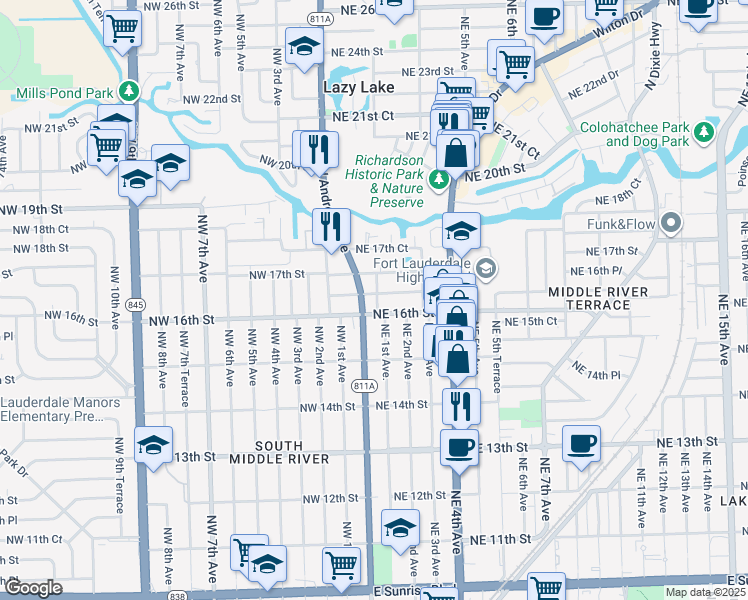 map of restaurants, bars, coffee shops, grocery stores, and more near 112 Northeast 16th Court in Fort Lauderdale