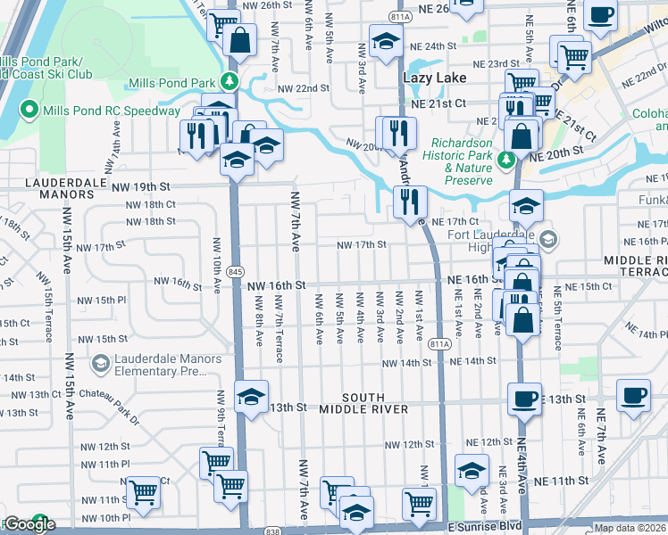 map of restaurants, bars, coffee shops, grocery stores, and more near 1617 Northwest 5th Avenue in Fort Lauderdale