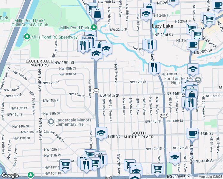 map of restaurants, bars, coffee shops, grocery stores, and more near 1621 Northwest 7th Terrace in Fort Lauderdale