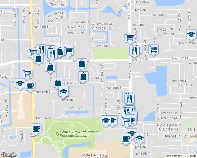 map of restaurants, bars, coffee shops, grocery stores, and more near 3300 Northwest 17th Court in Fort Lauderdale