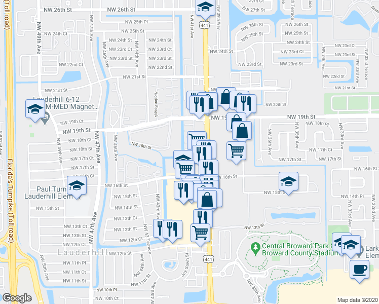 map of restaurants, bars, coffee shops, grocery stores, and more near 4045 Northwest 16th Street in Lauderhill