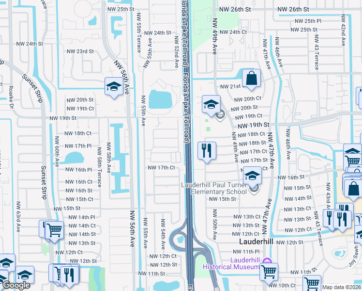 map of restaurants, bars, coffee shops, grocery stores, and more near 1800 Northwest 52nd Avenue in Lauderhill