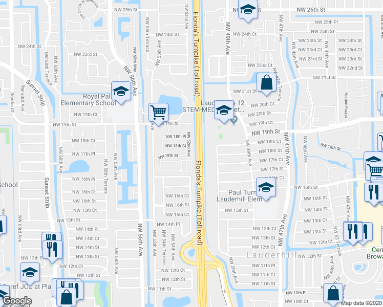 map of restaurants, bars, coffee shops, grocery stores, and more near 1800 Northwest 52nd Avenue in Lauderhill