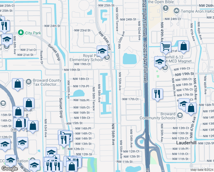 map of restaurants, bars, coffee shops, grocery stores, and more near 1800 Northwest 58th Avenue in Lauderhill