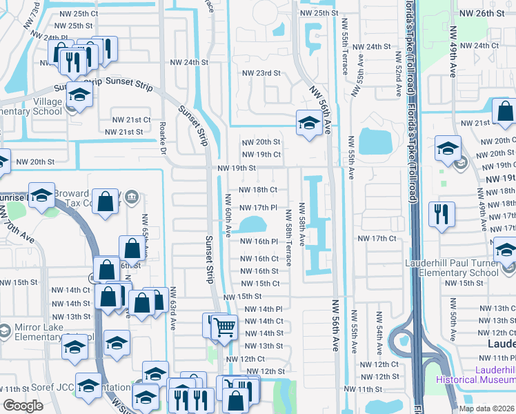 map of restaurants, bars, coffee shops, grocery stores, and more near 5829-5831 Northwest 17th Court in Sunrise