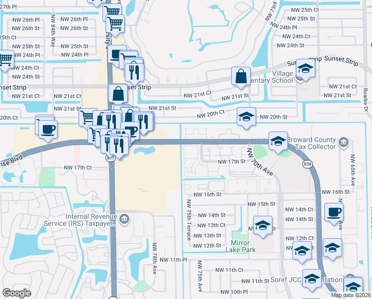 map of restaurants, bars, coffee shops, grocery stores, and more near 1801 Northwest 75th Avenue in Plantation