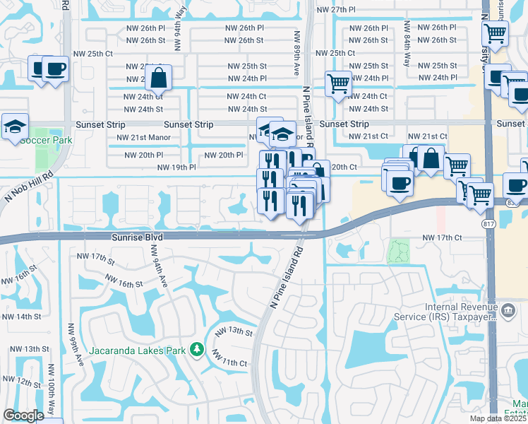 map of restaurants, bars, coffee shops, grocery stores, and more near 8947 West Sunrise Boulevard in Plantation