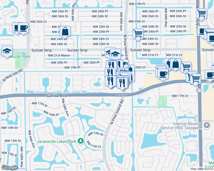 map of restaurants, bars, coffee shops, grocery stores, and more near 8947 West Sunrise Boulevard in Plantation