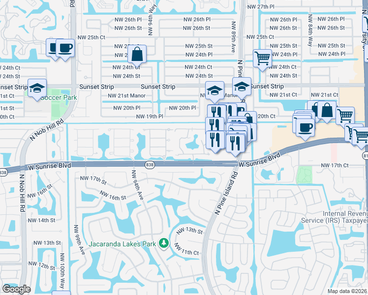 map of restaurants, bars, coffee shops, grocery stores, and more near 9353 West Sunrise Boulevard in Plantation