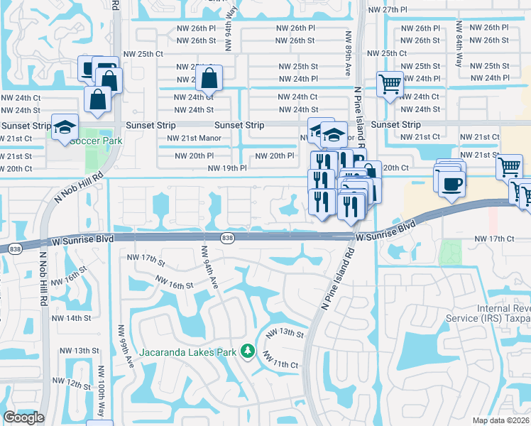 map of restaurants, bars, coffee shops, grocery stores, and more near 1838 Northwest 93rd Terrace in Plantation
