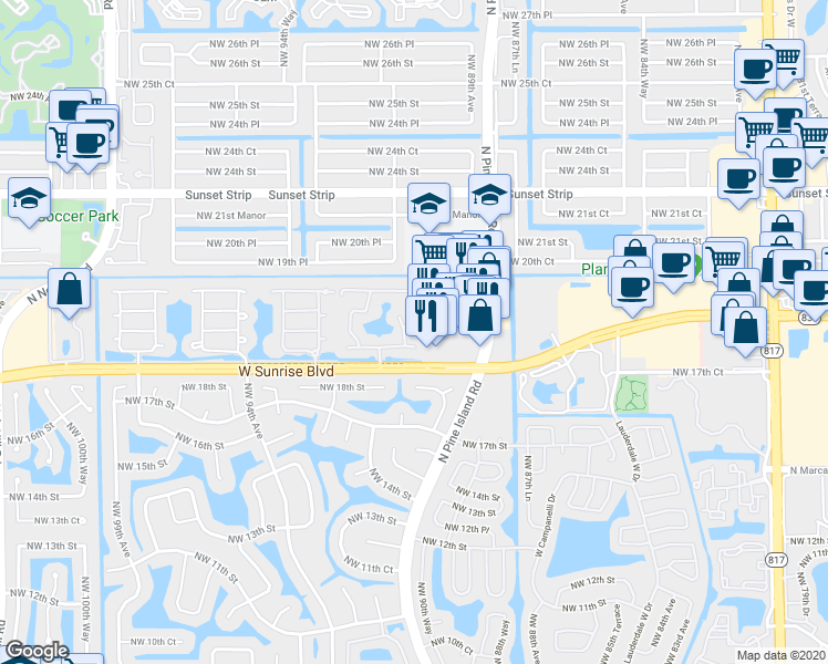 map of restaurants, bars, coffee shops, grocery stores, and more near 8947 West Sunrise Boulevard in Plantation