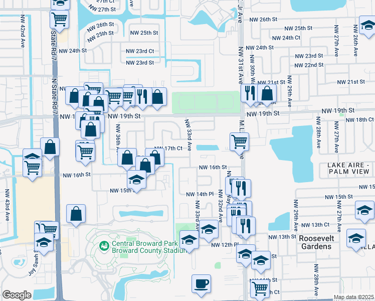 map of restaurants, bars, coffee shops, grocery stores, and more near 3300 Northwest 17th Court in Fort Lauderdale