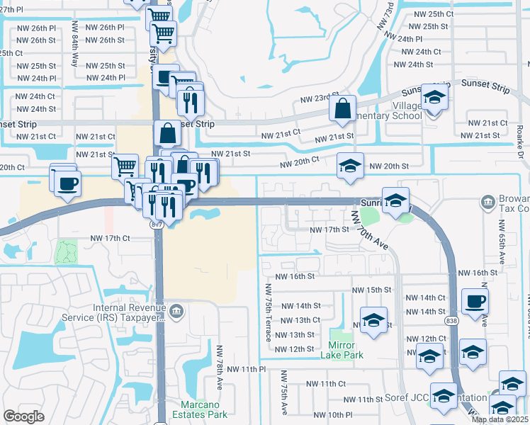 map of restaurants, bars, coffee shops, grocery stores, and more near 1801 Northwest 75th Avenue in Plantation