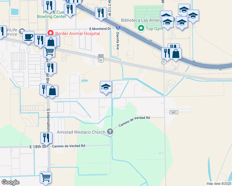 map of restaurants, bars, coffee shops, grocery stores, and more near 47 Ebony Lane in Mercedes