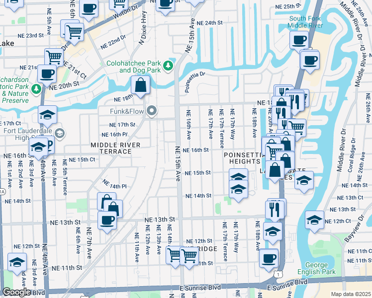 map of restaurants, bars, coffee shops, grocery stores, and more near 1515 Northeast 16th Street in Fort Lauderdale