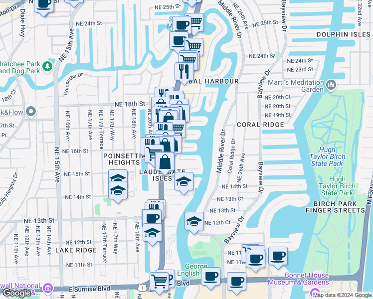map of restaurants, bars, coffee shops, grocery stores, and more near 2206 Northeast 16th Street in Fort Lauderdale