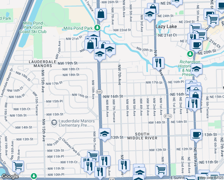map of restaurants, bars, coffee shops, grocery stores, and more near 1621 Northwest 7th Terrace in Fort Lauderdale