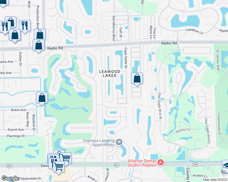 map of restaurants, bars, coffee shops, grocery stores, and more near 373 Leawood Circle in Naples