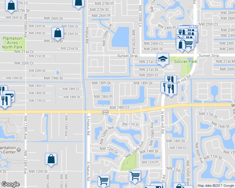 map of restaurants, bars, coffee shops, grocery stores, and more near 1855 Northwest 108th Avenue in Plantation