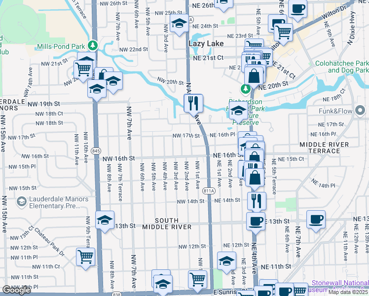 map of restaurants, bars, coffee shops, grocery stores, and more near 1614 Northwest 2nd Avenue in Fort Lauderdale