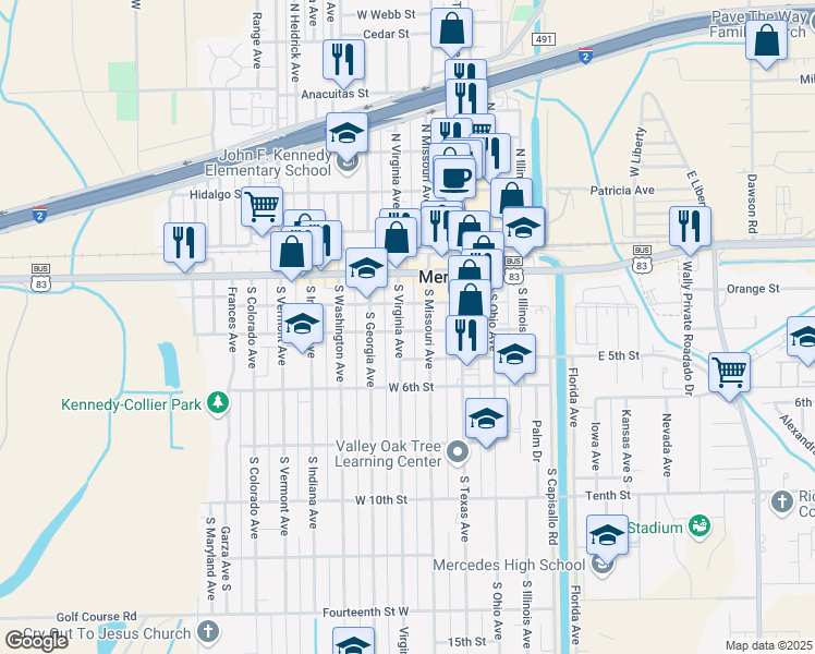 map of restaurants, bars, coffee shops, grocery stores, and more near 340 W 4th St in Mercedes