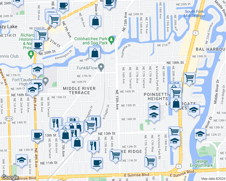 map of restaurants, bars, coffee shops, grocery stores, and more near 1600 Northeast 14th Terrace in Fort Lauderdale
