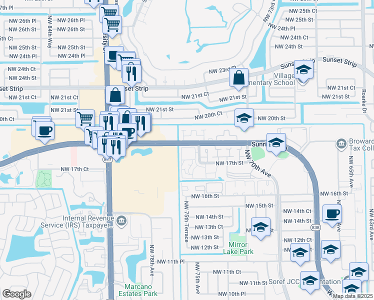 map of restaurants, bars, coffee shops, grocery stores, and more near 1801 Northwest 75th Avenue in Plantation