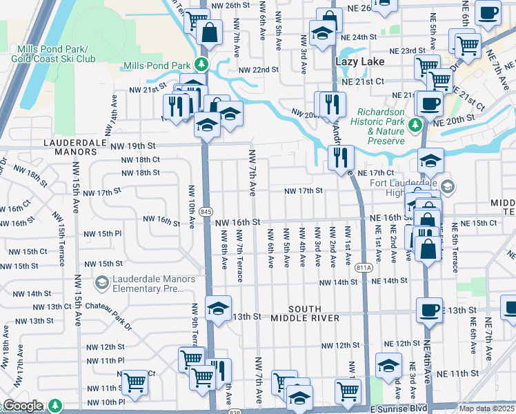 map of restaurants, bars, coffee shops, grocery stores, and more near 1620 Northwest 7th Avenue in Fort Lauderdale