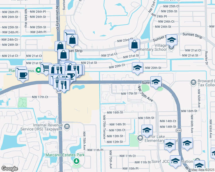 map of restaurants, bars, coffee shops, grocery stores, and more near 1801 Northwest 75th Avenue in Plantation
