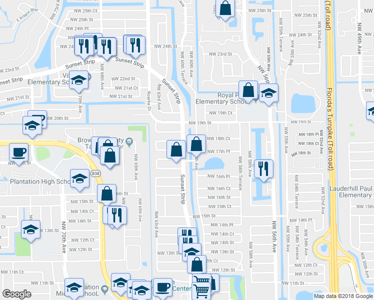 map of restaurants, bars, coffee shops, grocery stores, and more near 1770 Northwest 61st Avenue in Sunrise