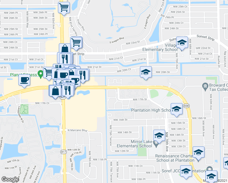 map of restaurants, bars, coffee shops, grocery stores, and more near 1801 Northwest 75th Avenue in Plantation