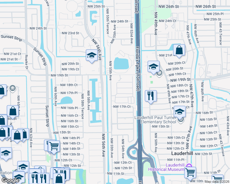 map of restaurants, bars, coffee shops, grocery stores, and more near 1800 Northwest 55th Avenue in Lauderhill