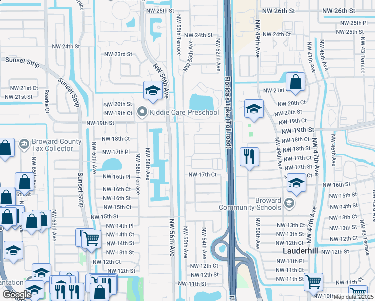 map of restaurants, bars, coffee shops, grocery stores, and more near 1800 Northwest 55th Avenue in Lauderhill