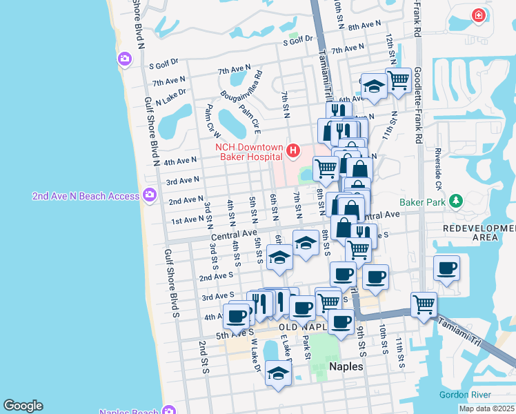 map of restaurants, bars, coffee shops, grocery stores, and more near 515 1st Avenue South in Naples