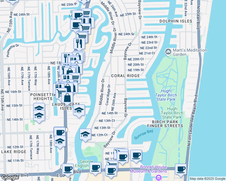 map of restaurants, bars, coffee shops, grocery stores, and more near 1609 Northeast 26th Avenue in Fort Lauderdale