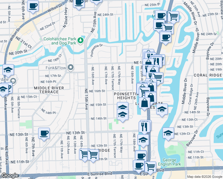 map of restaurants, bars, coffee shops, grocery stores, and more near 1601 Northeast 17th Terrace in Fort Lauderdale