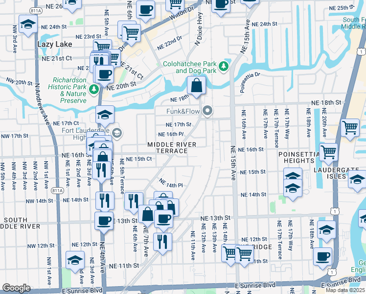 map of restaurants, bars, coffee shops, grocery stores, and more near 1610 Northeast 11th Avenue in Fort Lauderdale