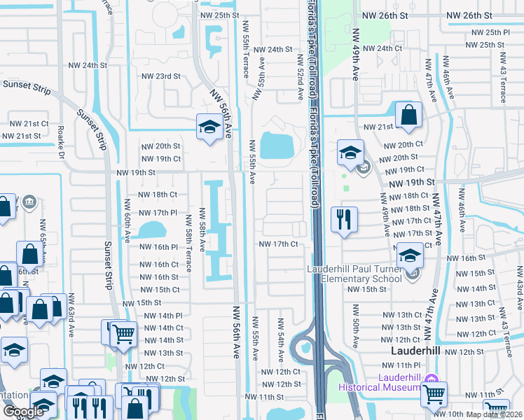map of restaurants, bars, coffee shops, grocery stores, and more near 1800 Northwest 55th Avenue in Lauderhill