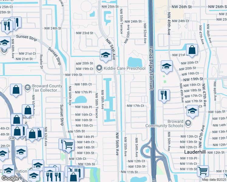 map of restaurants, bars, coffee shops, grocery stores, and more near 1814 Northwest 56th Avenue in Lauderhill