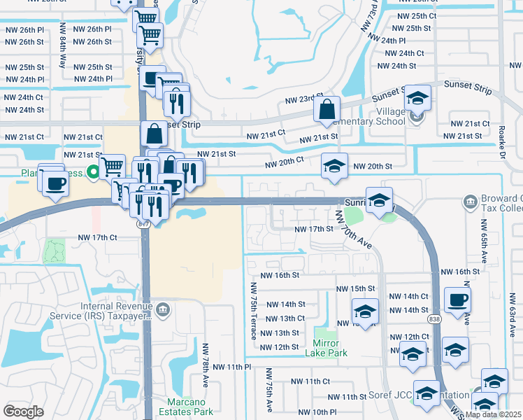 map of restaurants, bars, coffee shops, grocery stores, and more near 1801 Northwest 75th Avenue in Plantation